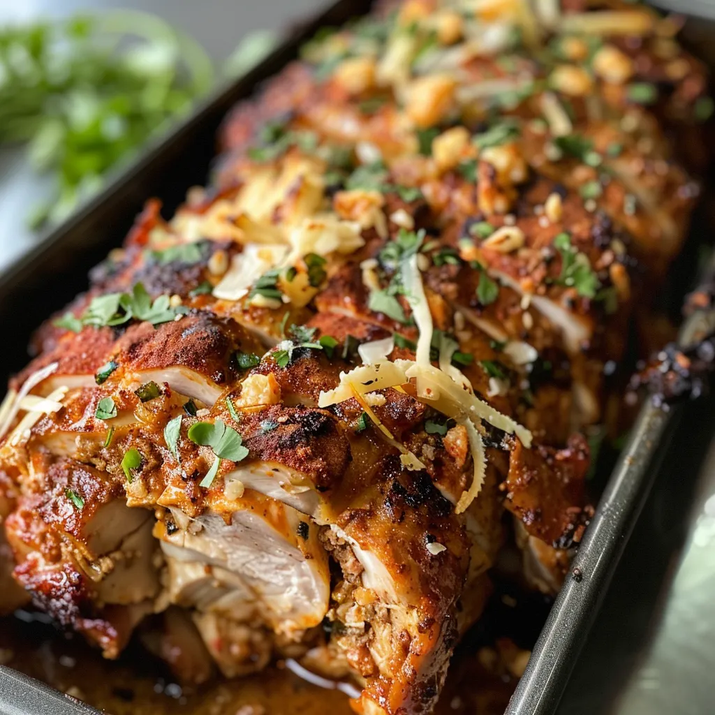 Close-up image of chicken shawarma in a loaf pan, highlighting the tender chicken and visible spices.