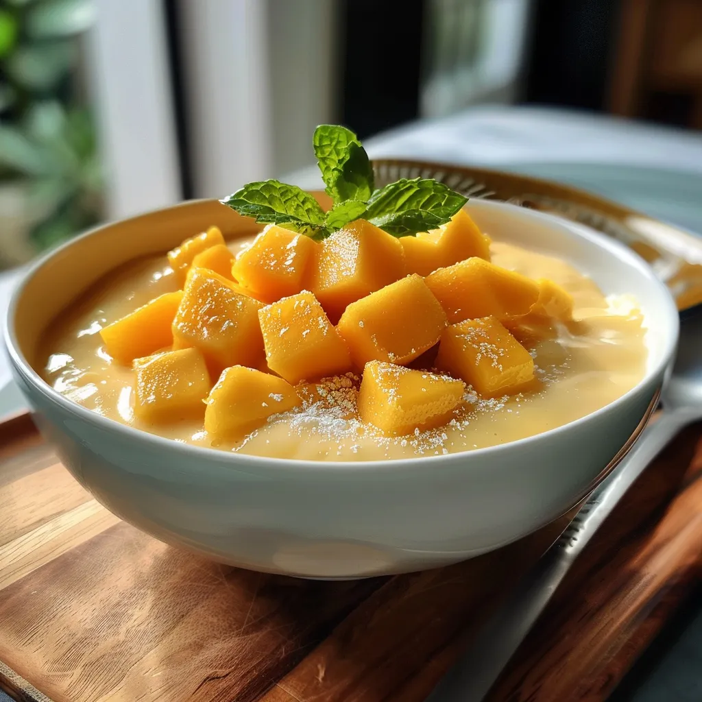 Side view of luscious mango pudding in a bowl, featuring vibrant yellow color and garnishes.