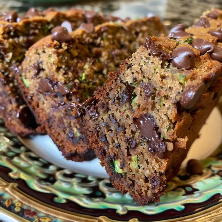 Close-up side view of a loaf of Chocolate Chip Zucchini Bread, showcasing its moist texture and chocolate chips.