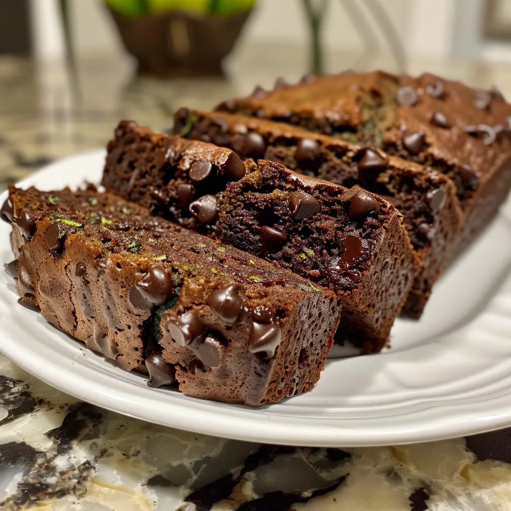 Freshly baked Chocolate Chip Zucchini Bread, with visible chocolate chips and shredded zucchini in a golden crust.