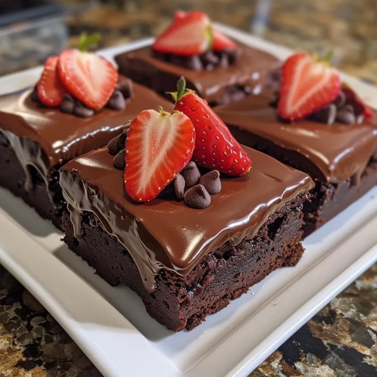 A close-up side view of chocolate covered strawberry brownies topped with fresh strawberries.