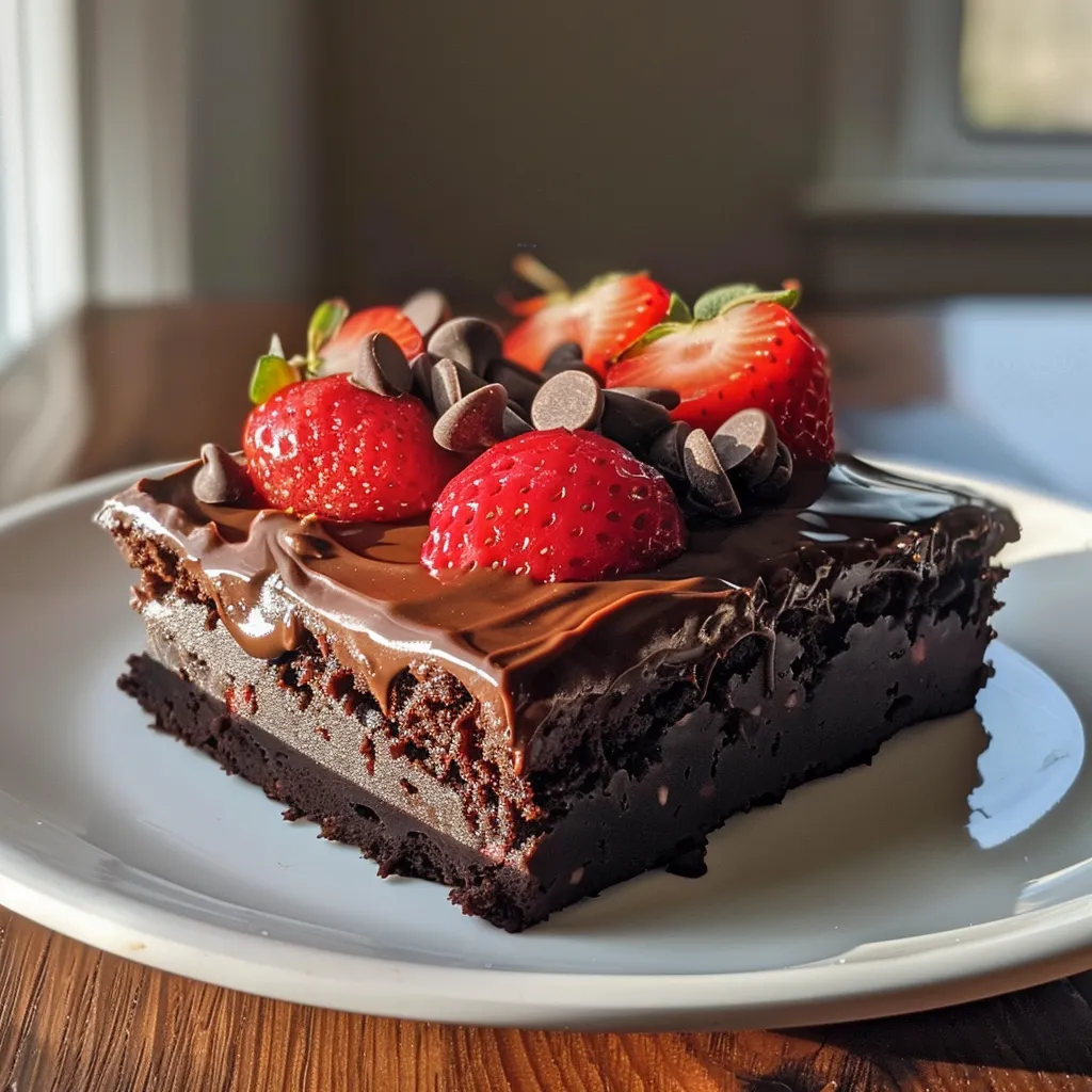 Side angle of a chocolate brownie adorned with juicy strawberries and melted chocolate.