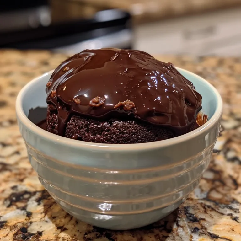 Close-up side view of a chocolate lava mug cake with molten center.