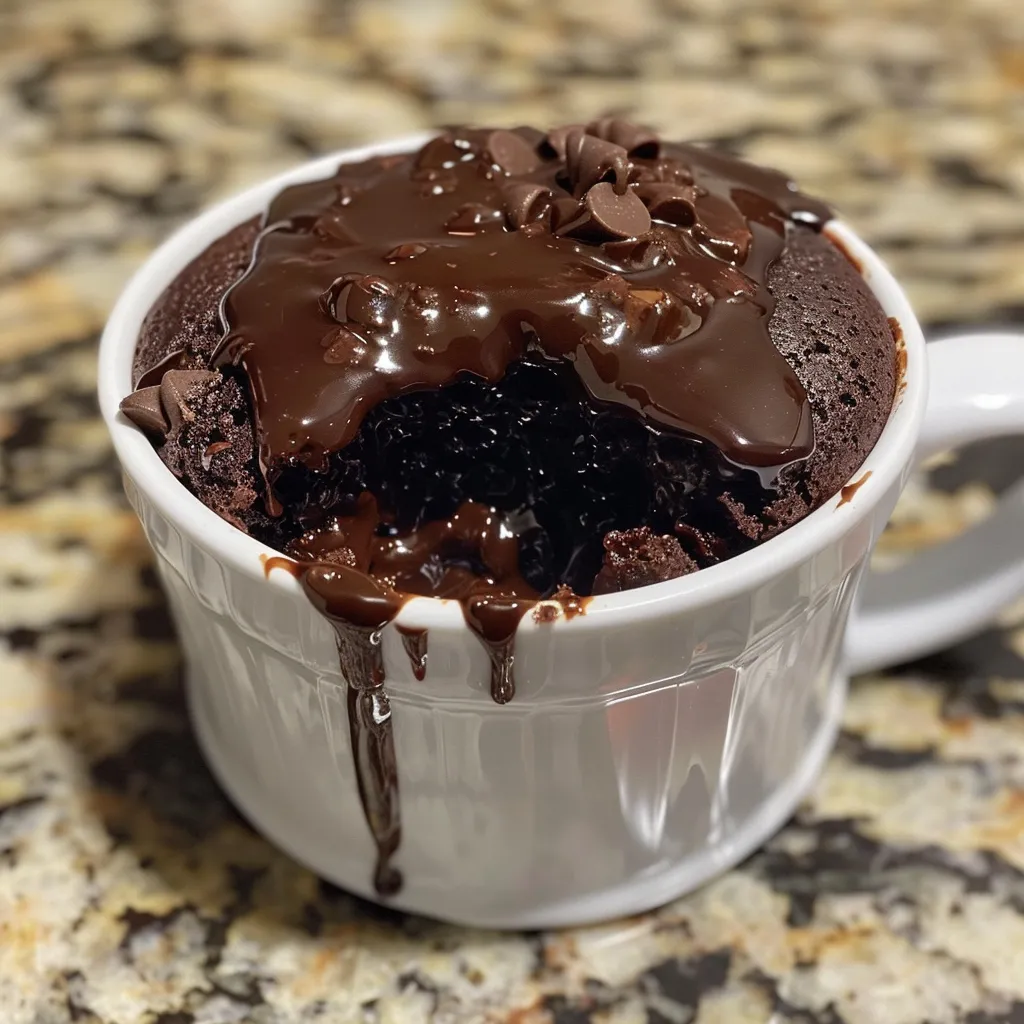 A mug filled with a gooey chocolate lava cake, showing rich texture.