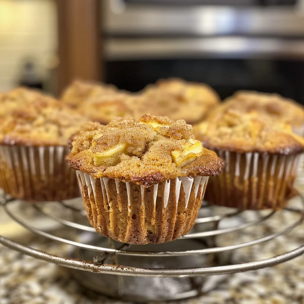 Side view of a freshly baked muffin, showcasing chunks of apple and a warm cinnamon aroma.