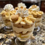 Close-up view of layered banana pudding parfaits with sliced bananas and vanilla wafers.