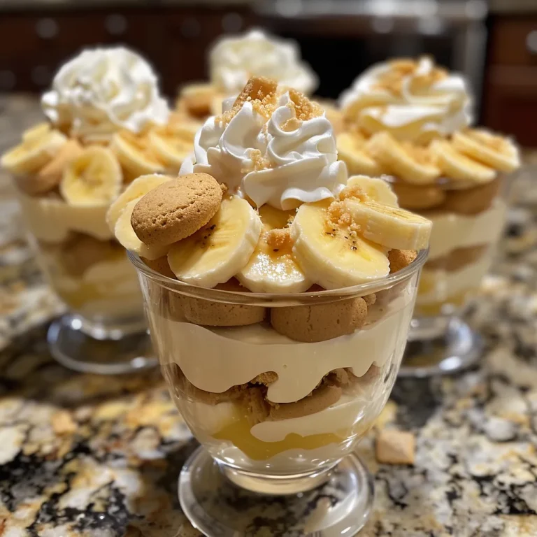 Close-up view of layered banana pudding parfaits with sliced bananas and vanilla wafers.