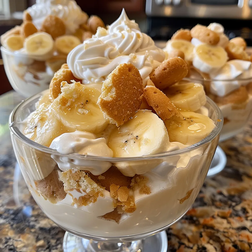 Side view of classic banana pudding parfaits garnished with whipped cream and bananas.