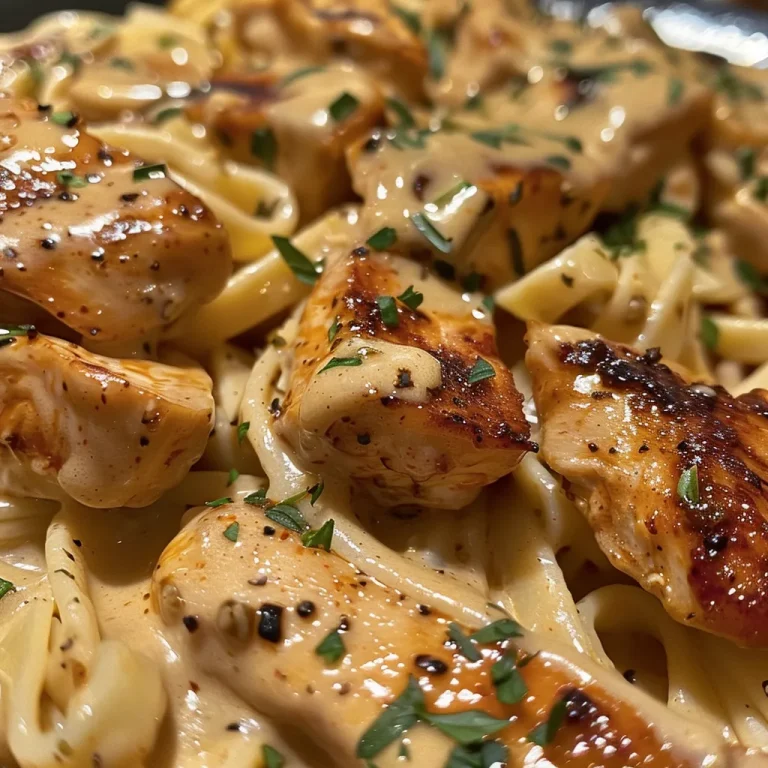 A close-up view of Creamy Cajun Chicken Pasta with visible chicken, pasta, and creamy sauce.