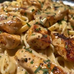 A close-up view of Creamy Cajun Chicken Pasta garnished with herbs on a white plate.