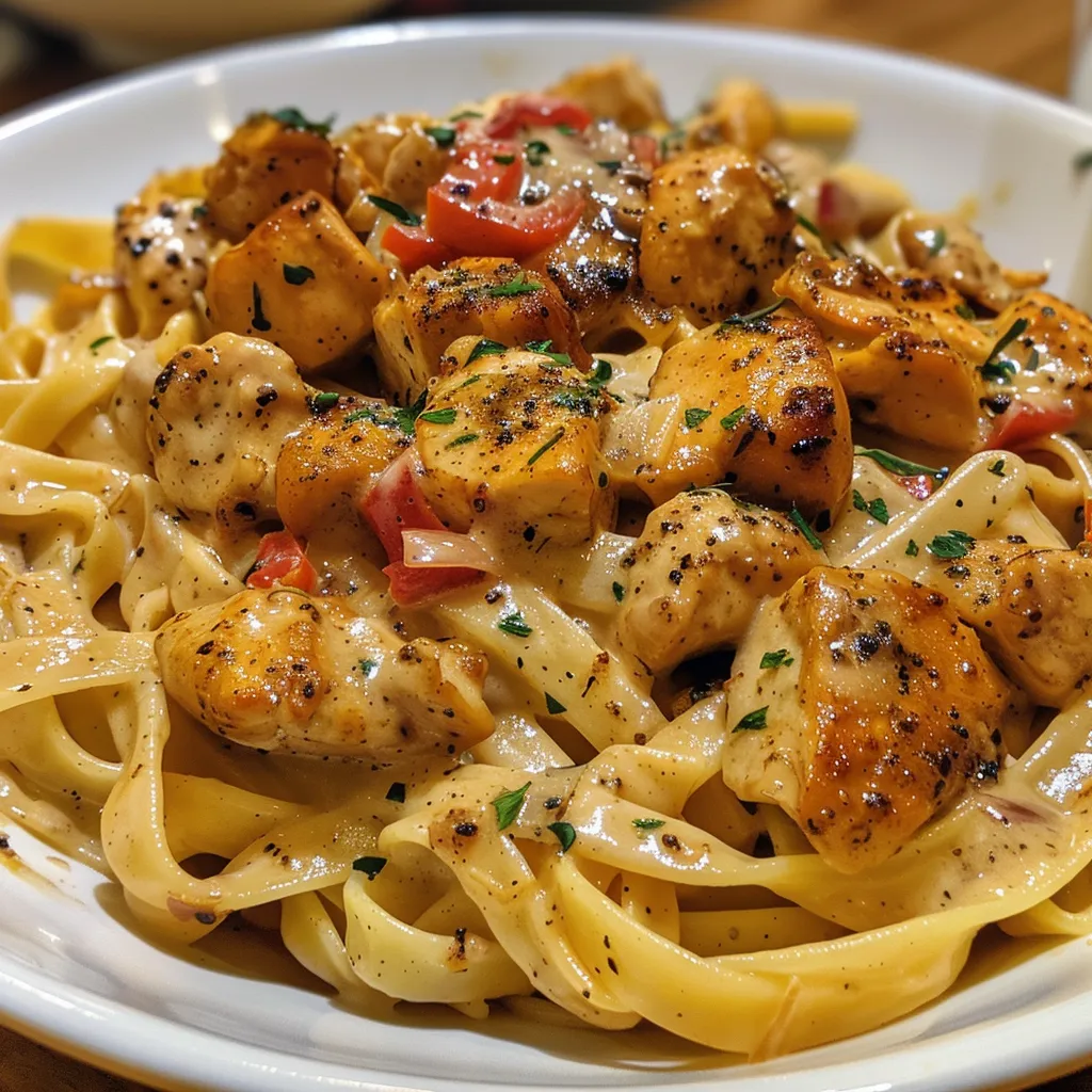Side view of a bowl of creamy pasta with chicken, spices, and a rich sauce.