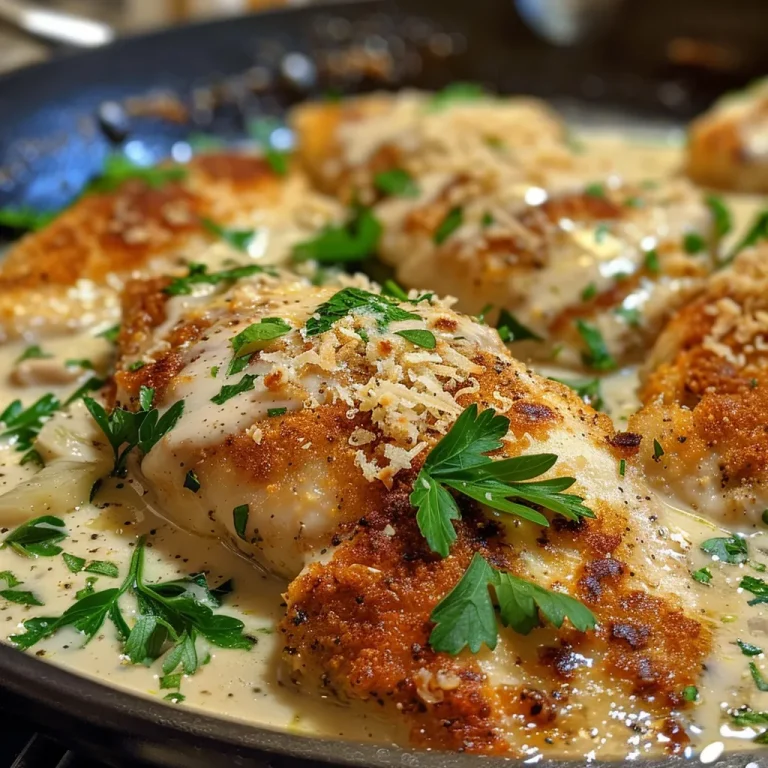 Close-up of creamy garlic parmesan chicken garnished with parsley.
