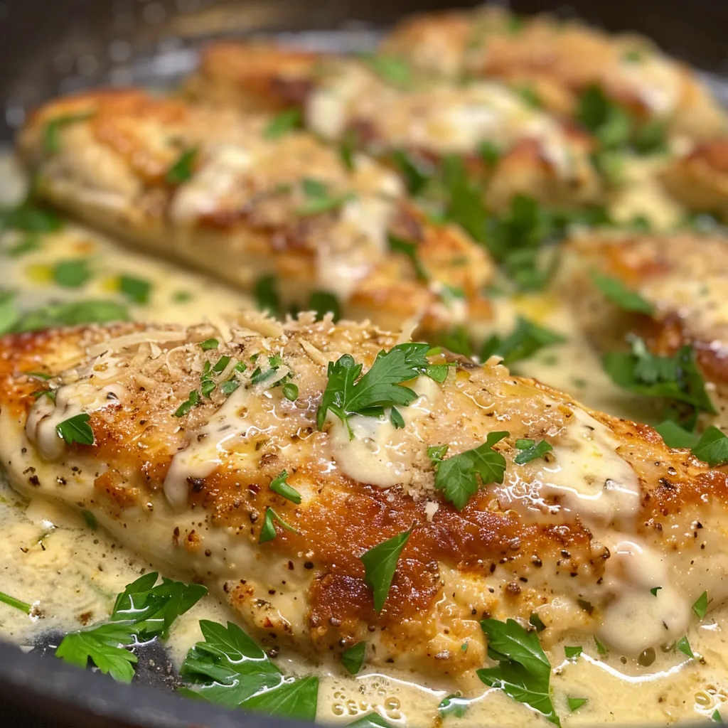 Juicy chicken breast cutlets coated in a rich garlic parmesan sauce.