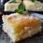 Close-up of a slice of creamy coconut custard cake showcasing its moist texture and toasted coconut topping.