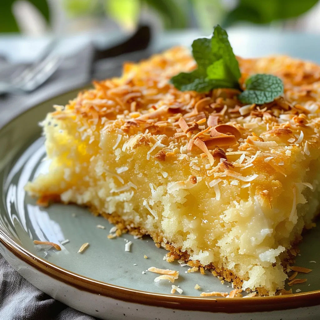 Side view of a delectable creamy coconut custard cake, featuring layers of coconut and a glossy custard finish.