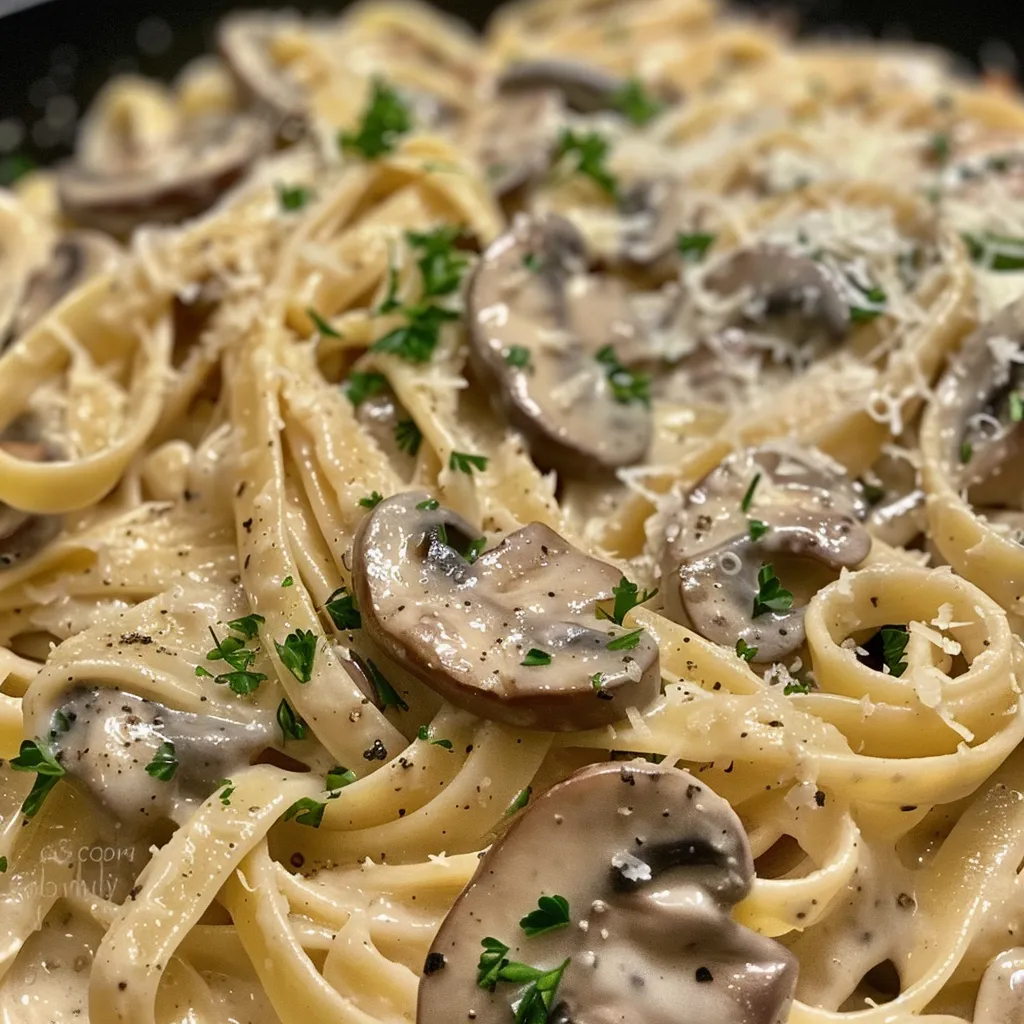 Side view of a bowl filled with creamy fettuccine and sautéed mushrooms.