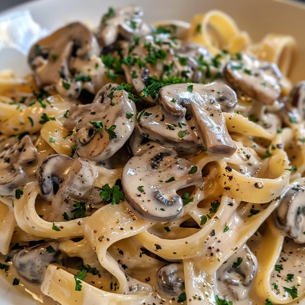 Side perspective of fettuccine pasta coated in a rich mushroom sauce.