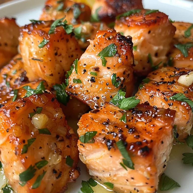Close-up of crispy garlic butter salmon bites on a white plate, garnished with parsley.