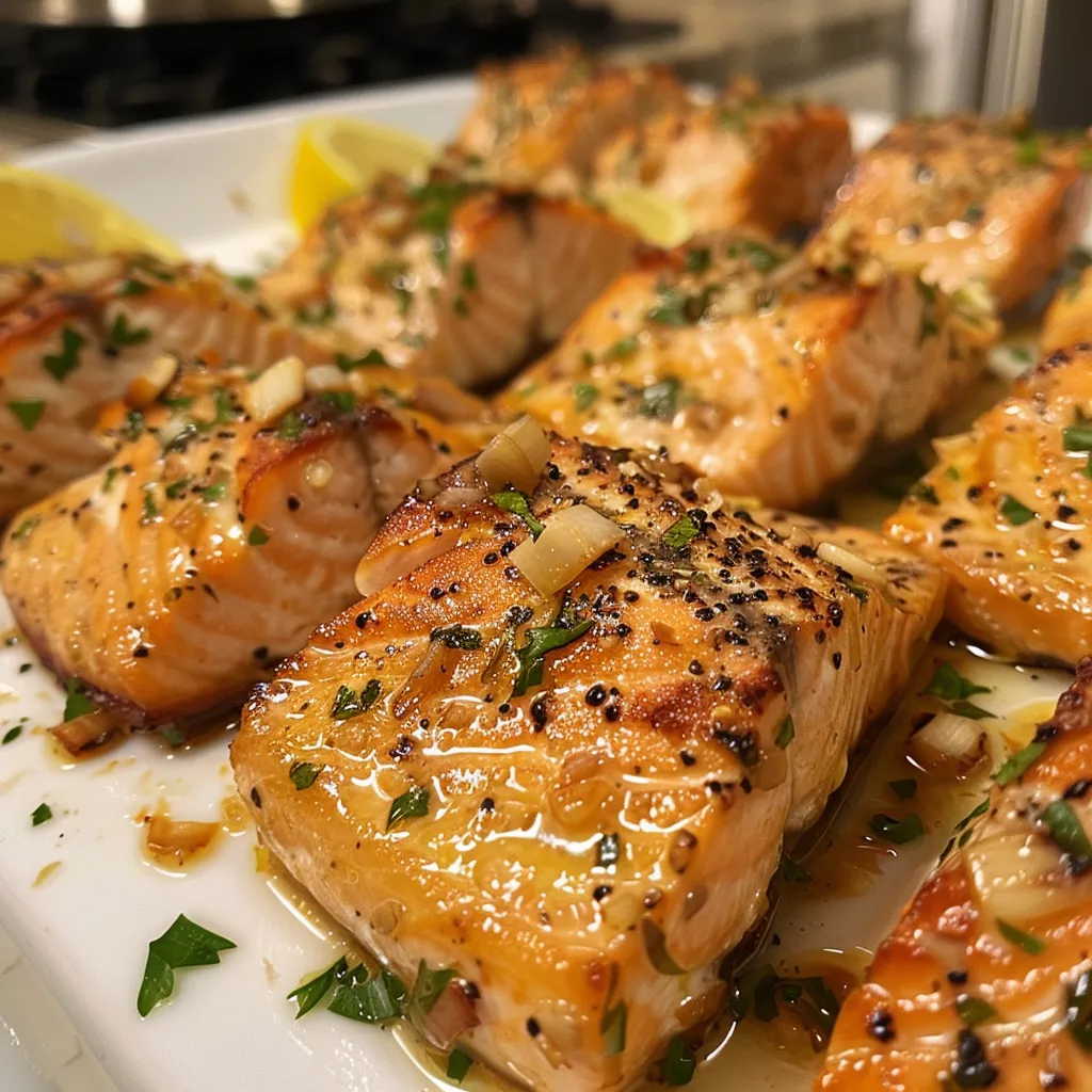 Side view of juicy salmon cubes, golden brown and topped with minced garlic and butter.