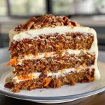 A close-up side view of a moist carrot cake topped with cream cheese frosting and pecans.