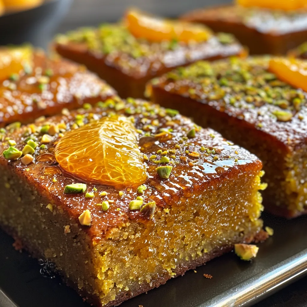 Side view of a Flourless Orange Pistachio Cake showcasing its golden crust and crushed pistachios.