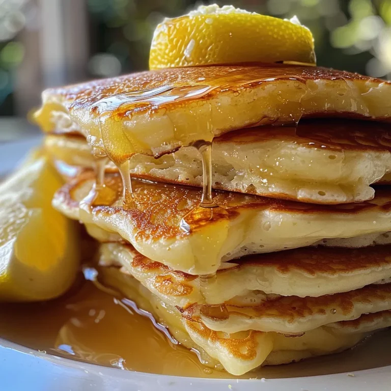A side view of fluffy lemon ricotta pancakes stacked high, topped with fresh lemon slices.