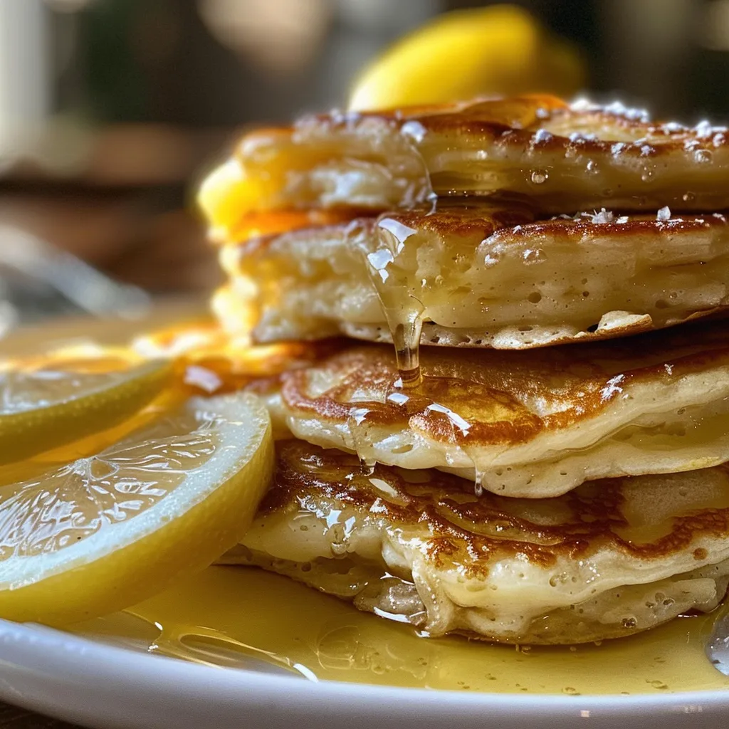 Close-up of delicious lemon ricotta pancakes, showcasing their airy texture and vibrant lemon zest.
