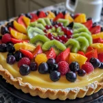 Close-up view of a fresh fruit tart topped with vibrant seasonal fruits.