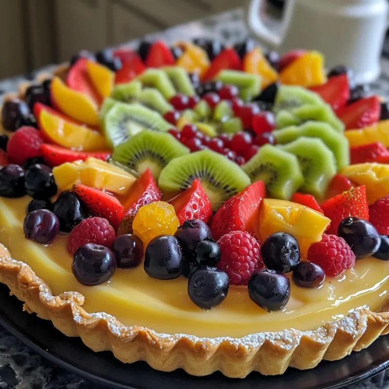 Close-up view of a fresh fruit tart topped with vibrant seasonal fruits.
