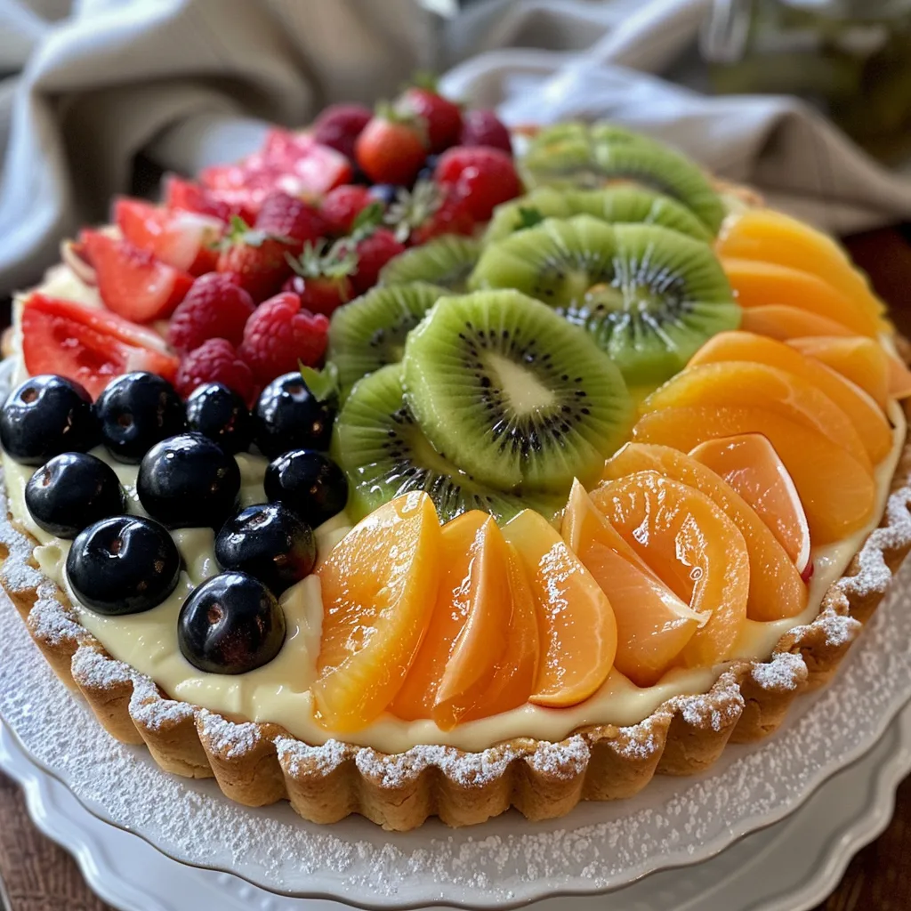 Side view of a fresh fruit tart topped with assorted fruits and creamy filling.