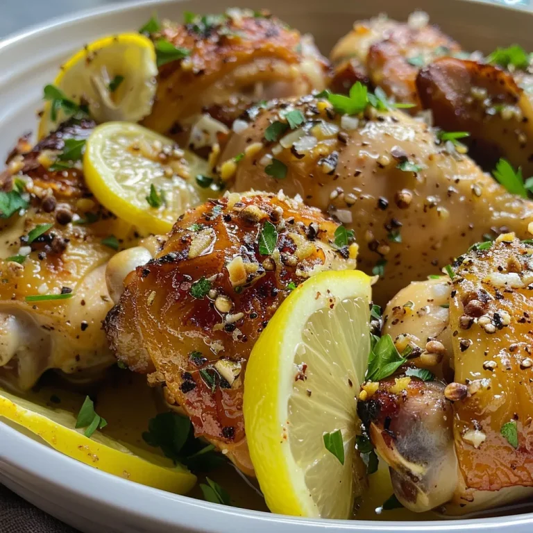 Savoring Sunshine: A Skillet Chicken Thigh Recipe That Dances with Flavor Close-up of juicy garlic lemon chicken thighs in a skillet.