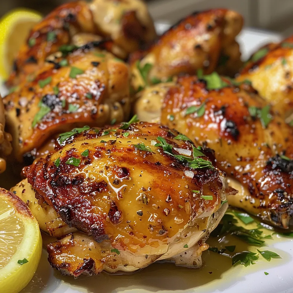 Side view of cooked chicken thighs garnished with lemon and parsley.