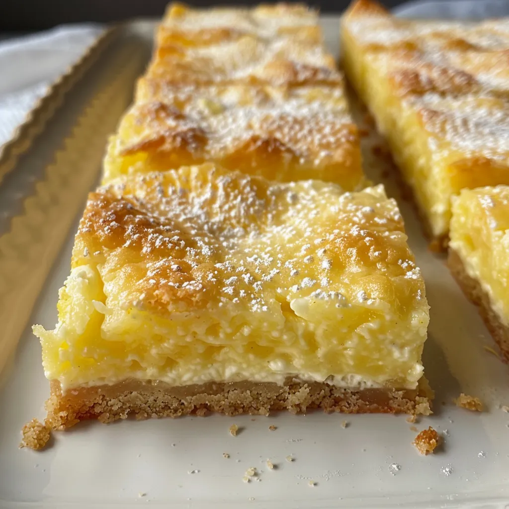 Side view of decadent Greek Yogurt Lemon Bars, highlighting the lemony filling and dusting of powdered sugar.