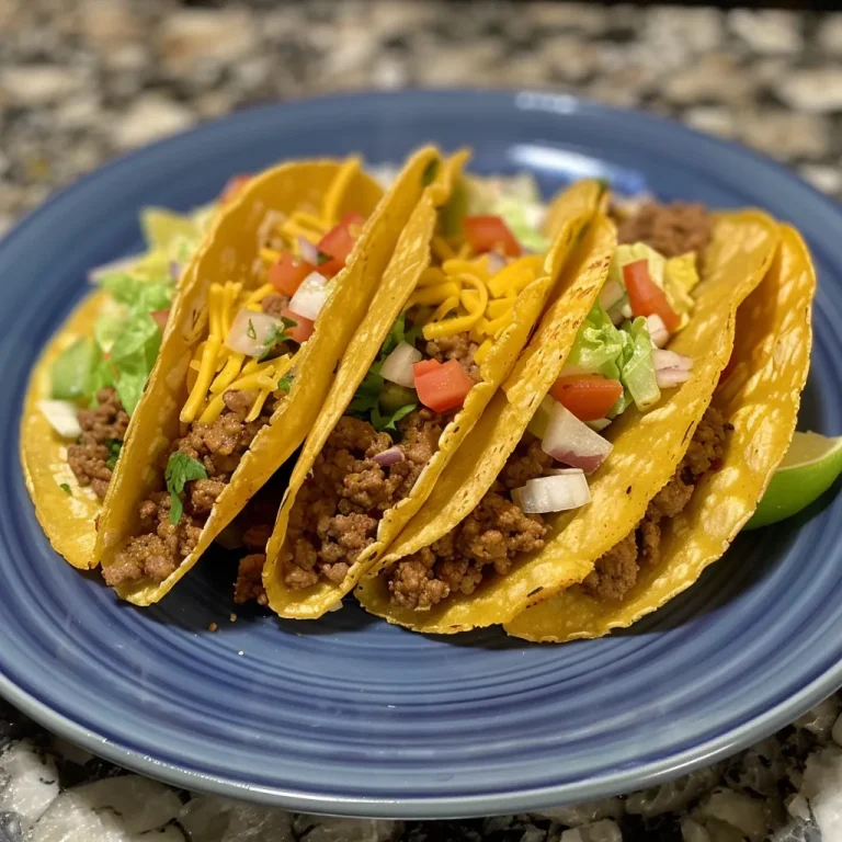 Close-up view of juicy ground beef tacos with colorful toppings.