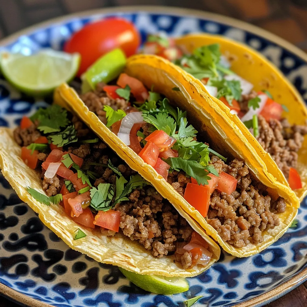 Side view of ground beef tacos filled with cheese, lettuce, and diced tomatoes.