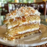 A close-up view of a moist coconut cake, showcasing its fluffy layers and creamy frosting.