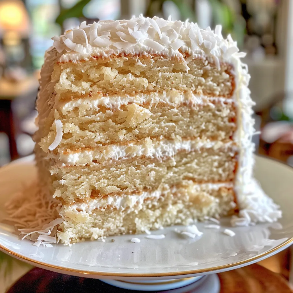 Side angle of a Halekulani Hotel coconut cake, highlighting its sweet coconut flakes and smooth icing.