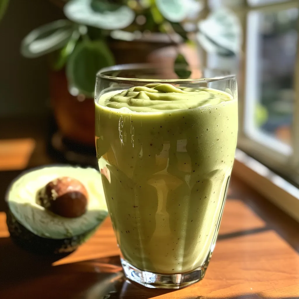 Side view of a healthy avocado smoothie filled with fresh ingredients, with ice visible in the glass.