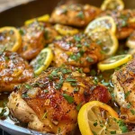 Juicy Honey Lemon Chicken Skillet with vibrant garnishes.