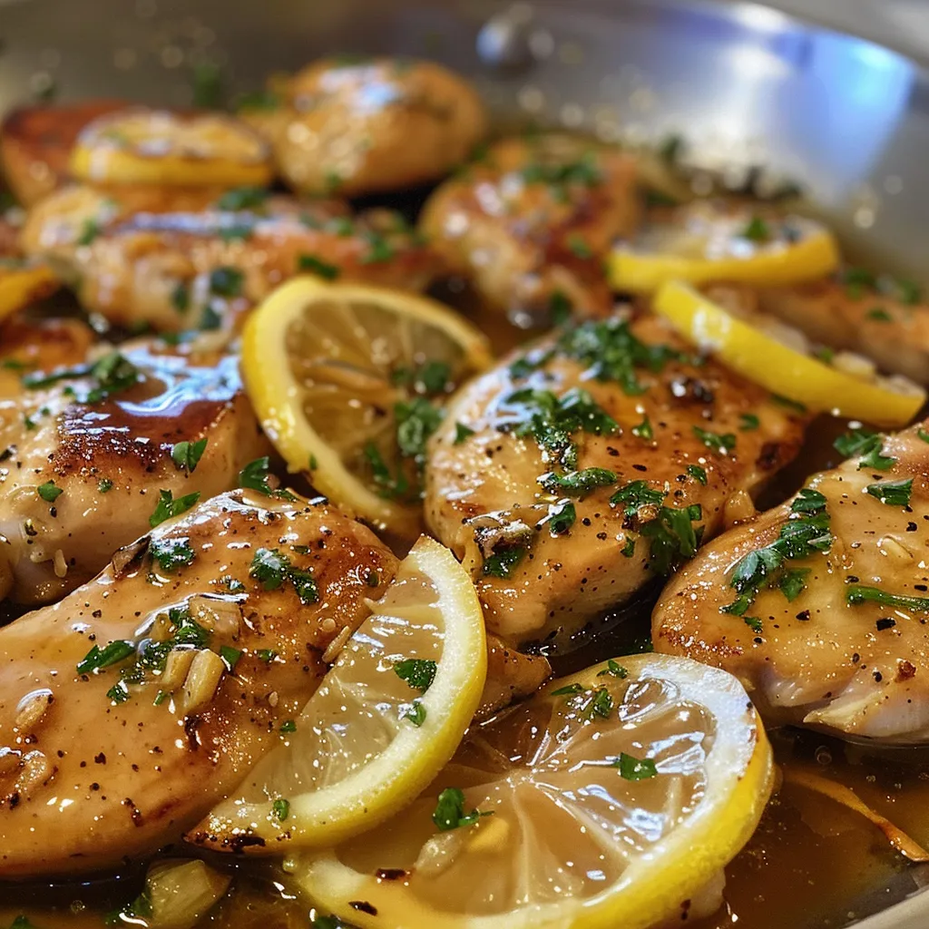 Close-up of Honey Lemon Chicken Skillet featuring golden chicken and bright lemon slices.