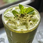 Close-up view of a refreshing Iced Matcha Latte in a glass with ice cubes.