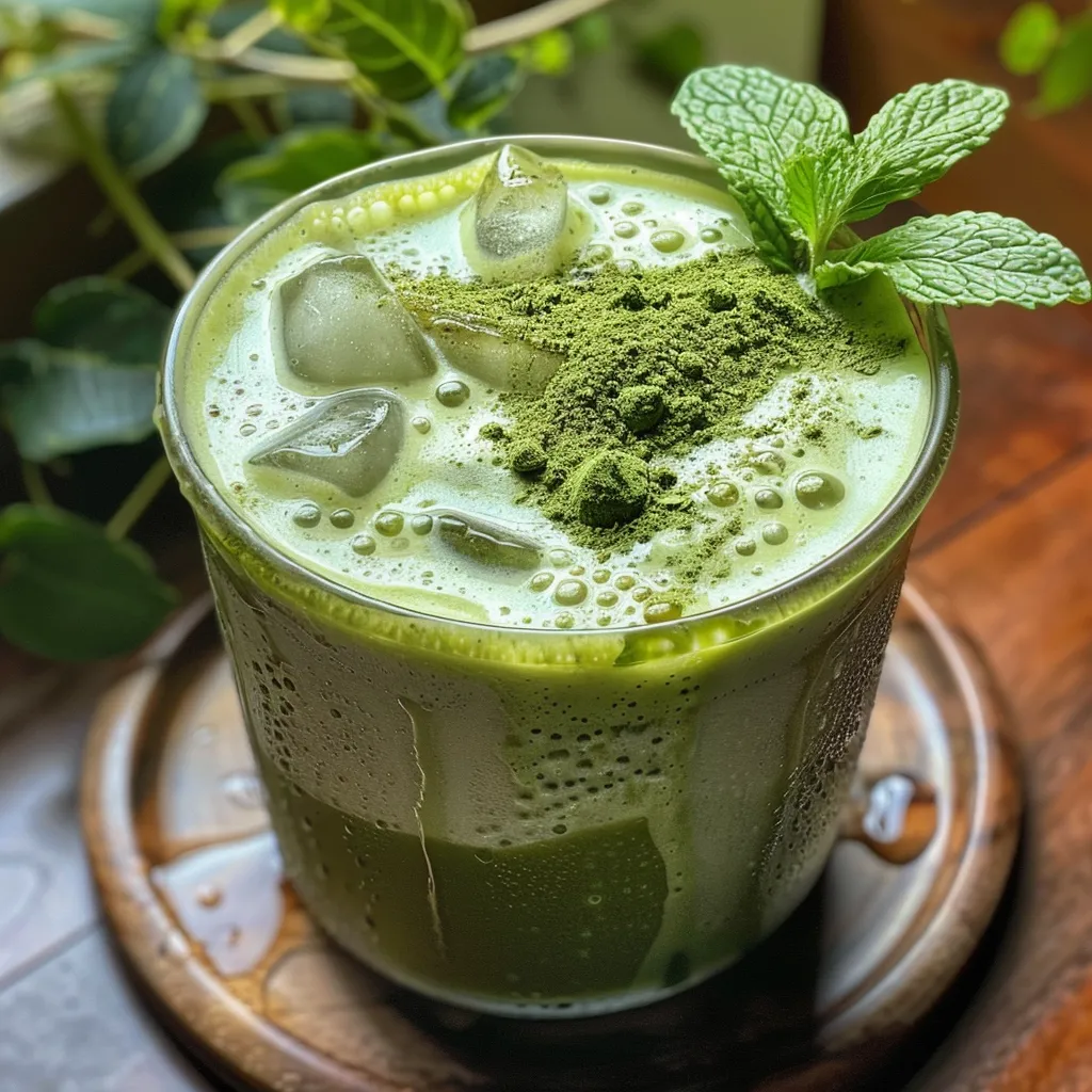 Side view of an Iced Matcha Latte with a mint leaf garnish on top.