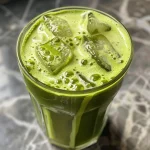 A close-up side view of a refreshing iced matcha latte topped with vanilla cold foam.