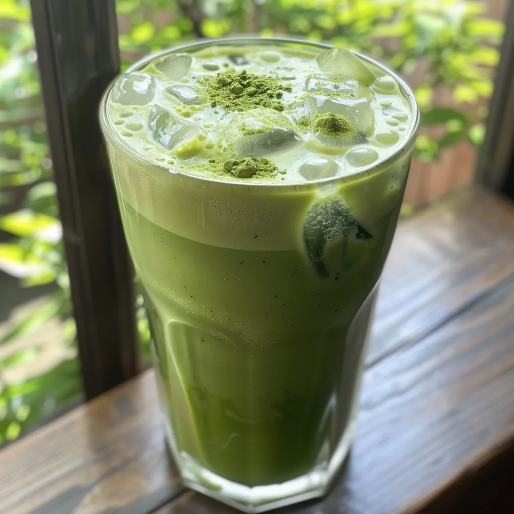 An iced matcha latte with a vibrant green color, layered with strawberry purée and cold foam.