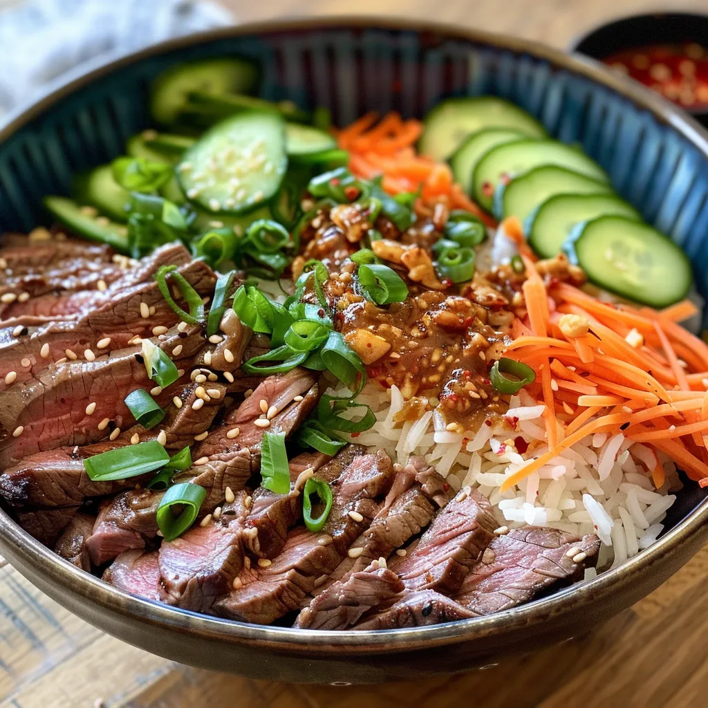 Juicy sliced beef arranged on a bed of rice with colorful toppings in a bowl.
