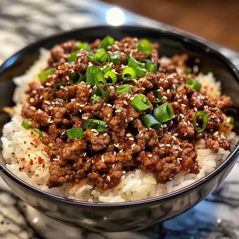 Close-up of a Korean Ground Beef Bowl featuring ground beef, rice, and green onions.