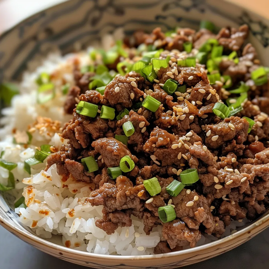 Juicy Korean Ground Beef Bowl with minced garlic, ginger, and topped with green onions.