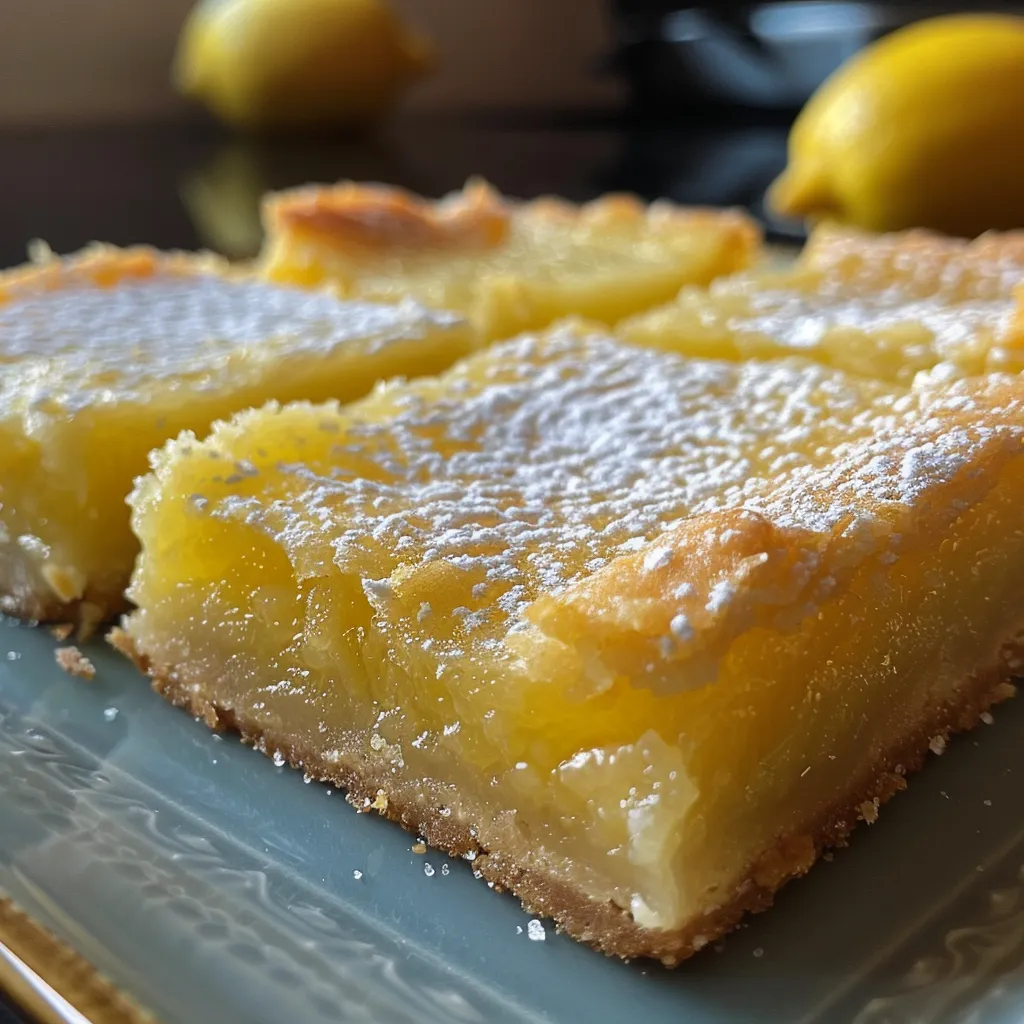 Side perspective of lemon bars with a textured crust and a glossy lemon filling, garnished with lemon zest.