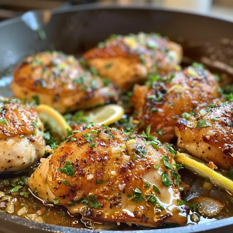 Close-up of a juicy lemon garlic chicken skillet with herbs and citrus slices.