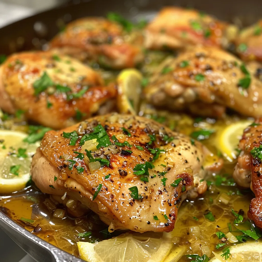 Side view of cooked chicken thighs garnished with fresh parsley and lemon zest.